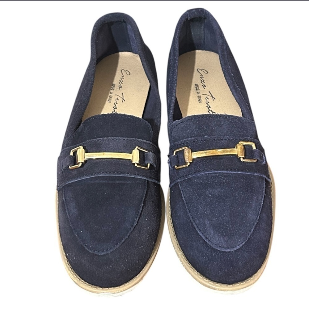 Enzo Tesoti Leather Suede Low Heel Loafer Sz 8.5 US (39 EU) Navy w/ Gold Accent - Picture 6 of 13